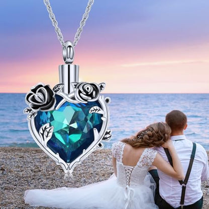 shajwo Cremation Jewelry Rose Flower Heart Urn Necklaces for Ashes for Women Memorial Human Ashes Pendant - color: Blue
