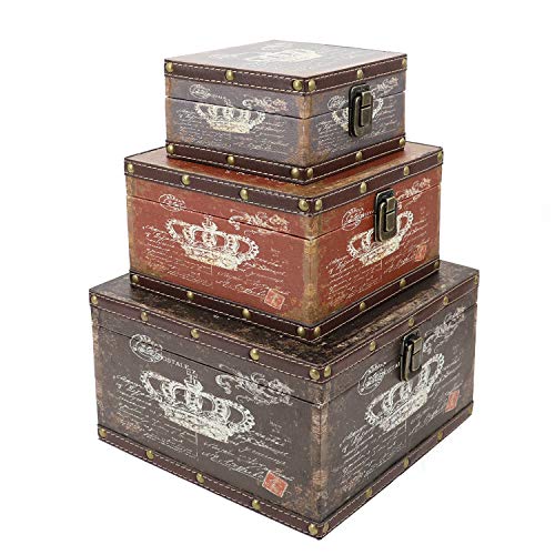 Jolitac Wood Storage Box Set of 3, Vintage Decorative Nesting Boxes Wooden Treasure Storage Crates With Latch, Home Decor Rustic Antique Boxes With Lid for Photos, Jewelry, Cash (Crown) - color: Crown