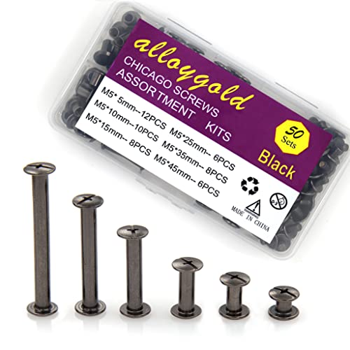 100 Pcs (50 Pair) Gun Black Phillips Chicago Binding Screws Assorted Kits,6 Sizes of Flat Head Rivet Hollow Binding Screws Posts, for Leather Saddles Purses Belt Repair（M5x5/10/15/25/35/45） - color: Gun black, size: M5*5.10.15.25.35.45mm