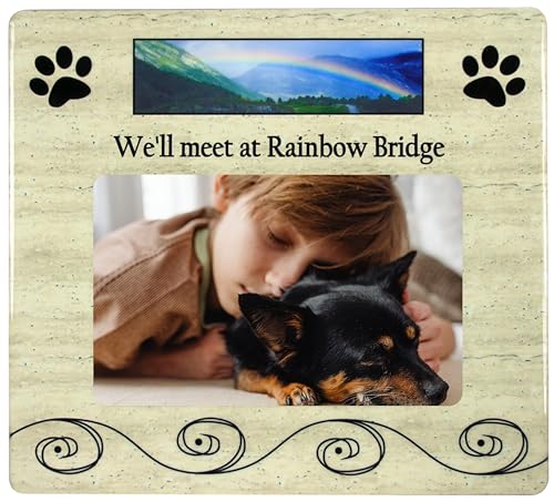 Pet Memorial Picture Frame for Dogs or Cats, “We’ll Meet at Rainbow Bridge” Sympathy Gift, Holds 4x6 Horizontal Photo, 8 x 7.25 Inch Bereavement Frame for Loss of Dog, Cat, Puppy or Kitty