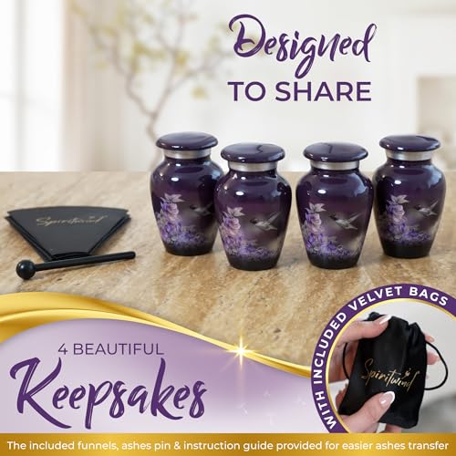 Beautiful Anna's Hummingbird Urns for Human Ashes Adult Female - Set of 5 | Beautifully Packaged 1 Large Purple Cremation Urn for Ashes for Women and 4 Keepsake Urns - Funnels & Velvet Bag Included - size: Urn Set (5 Pieces)