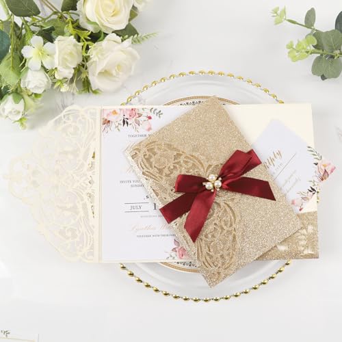 25pcs Gold Glitter Laser Cut Invitations Tri-Fold Blank Inner Cards | Personalized Wedding Invitations Pocket With Envelopes and Rsvp Cards for Wedding Bridal Shower Quinceanera 15 Anos Invite - color: Glitter Gold