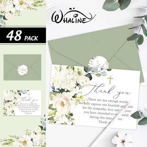Whaline 48Pcs Funeral Thank You Cards Floral Sympathy Thank You Card with Stickers Envelopes White Flower Bereavement Card for Memorial Service Loved Ones Celebration of Life