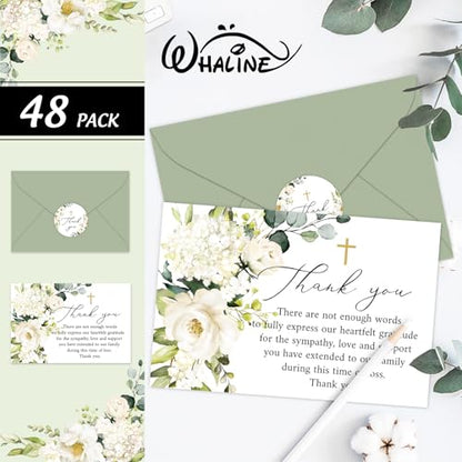 Whaline 48Pcs Funeral Thank You Cards Floral Sympathy Thank You Card with Stickers Envelopes White Flower Bereavement Card for Memorial Service Loved Ones Celebration of Life