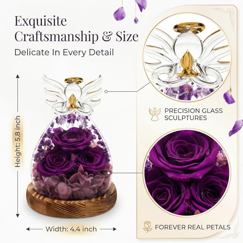 Preserved Real Rose Eternal Rose in Glass Angel Figurine with LED Light, Forever Flowers Angel Gift for Women Her Mom on Valentine's Day Christmas Birthday Anniversary (Purple, 5.8 Inch) - color: Purple