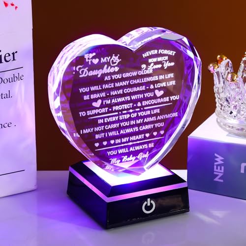 YWHL Daughter Gifts from Mom Dad Birthday Gifts for Daughter Adult to My Daughter Heart Crystal Keepsake with Colorful Base Meaningful Gifts for Daughter on Christmas Graduation Valentine Day - color: Daughter Gifts+led