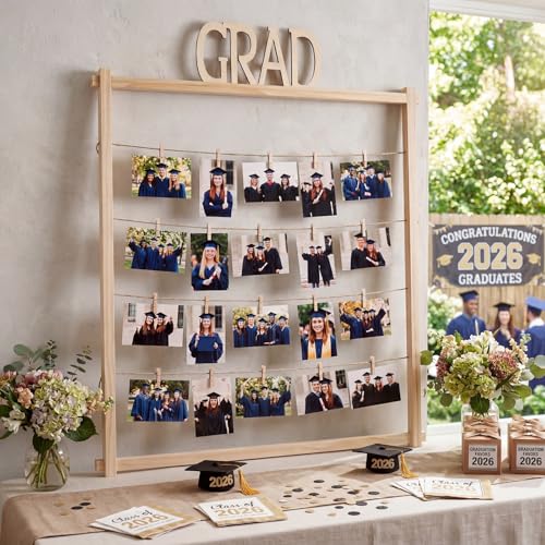 Cinnvoice Graduation Wooden Photo Display Board 30.4 x 26.5 Inch Grad Pictures Display Frame with 24 Clips Large Pictures Board for Graduation Party Hanging Photos Postcards Greeting Cards