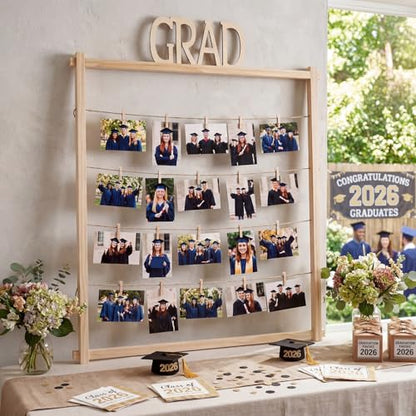 Cinnvoice Graduation Wooden Photo Display Board 30.4 x 26.5 Inch Grad Pictures Display Frame with 24 Clips Large Pictures Board for Graduation Party Hanging Photos Postcards Greeting Cards
