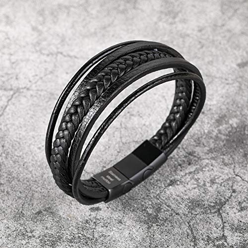 Mens Leather Bracelet with Clasp Cowhide Multi-Layer Braided Leather Mens Bracelet - style: black leather&black clasp&9.2