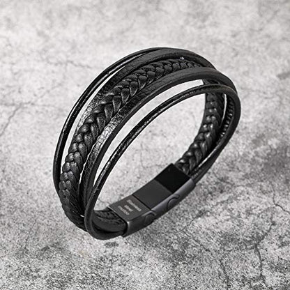 Mens Leather Bracelet with Clasp Cowhide Multi-Layer Braided Leather Mens Bracelet - style: black leather&black clasp&9.2