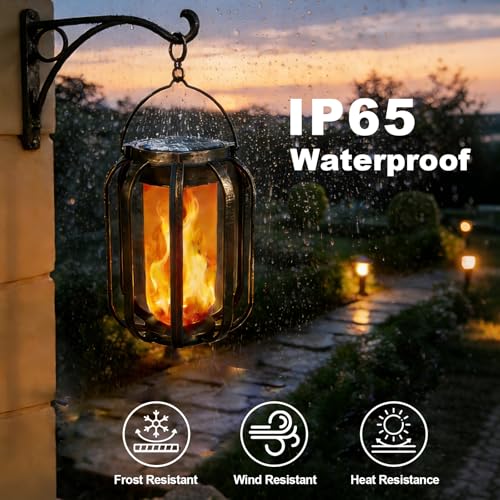 Solar Lanterns Outdoor Lights, 2 Pack Waterproof Flickering Flame Hanging Lights, Solar & USB Dual Charging, 2 Modes, Solar Pathway Lights for Yard, Garden, Patio, Tabletop, Holiday Decor