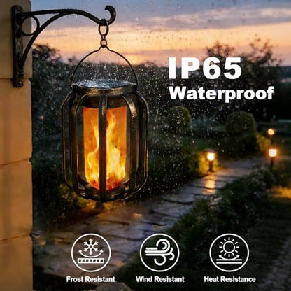 Solar Lanterns Outdoor Lights, 2 Pack Waterproof Flickering Flame Hanging Lights, Solar & USB Dual Charging, 2 Modes, Solar Pathway Lights for Yard, Garden, Patio, Tabletop, Holiday Decor