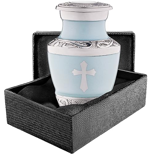 Olivia Memorials Small Urn for Ashes for Women or Men - Baby Blue Mini Urns Religious Cross Male or Female Human - Cremation Keepsakes - Memorial Jesus Cross Urn Catholic Protestant - color: God's Love - Blue, size: Keepsake - 1 Count
