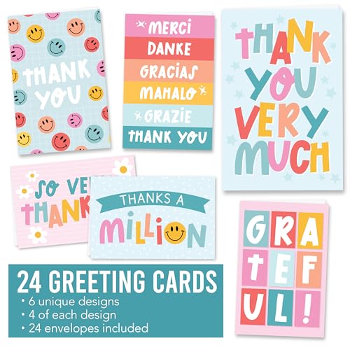 24 Bulk Thank You Cards with Envelopes Blank Cute Thank You Cards | Kraft Colorful 6 x 4 Appreciation Card Birthdays, Baby Shower, Teacher, Small Business, Party Guests, Coworkers & Holidays - style: Retro Colorful 24 pcs