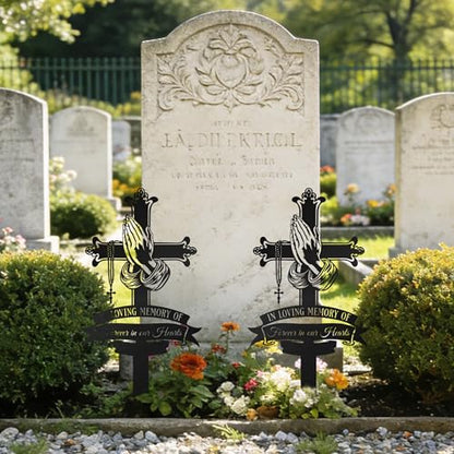 Memorial Cross Grave Marker with Praying Hands & Rosary - color: Cross