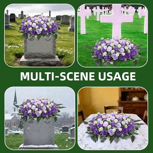 Wocst Headstone Flower Saddle,Large Artificial Cemetery Flowers for Grave Artificial Roses Daisy Saddle for Cemetery Headstone (Purple) - color: Purple
