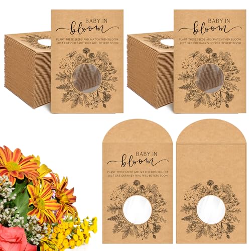 Fumete 100 Pack Simple Style Baby in Bloom Baby Shower Favor for Guest Wildflower Seeds Packets Party Favor with Window Envelopes Resealable Organizer Storage Bag for Gender Reveal Party - style: Simple