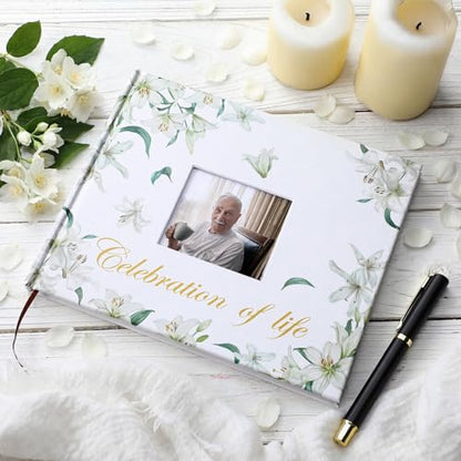 Patelai Funeral Guest Book with Pen Memorial Service Celebration of Life Sign in Book for Funeral Leather Cardinal in Loving Memorial Gift, 112 Pages(White Flower) - style: White Flower