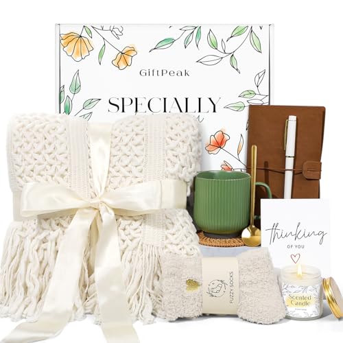 Get Well Soon Gifts for Women, Sympathy Gift Baskets, Thinking of You Care Package, Sending Hugs Box, After Surgery Feel Better Gifts with Snuggly Knitted Tassel Blanket (Ivory) - color: Ivory