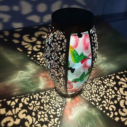 Hanging Solar Lantern Waterproof Garden Light Hummingbird-New | Glass & Metal, Tabletop Light with Hollowed-Out Design for Garden Patio Table Decor, Gifts for Friends and Family - style: Hummingbird+Flower