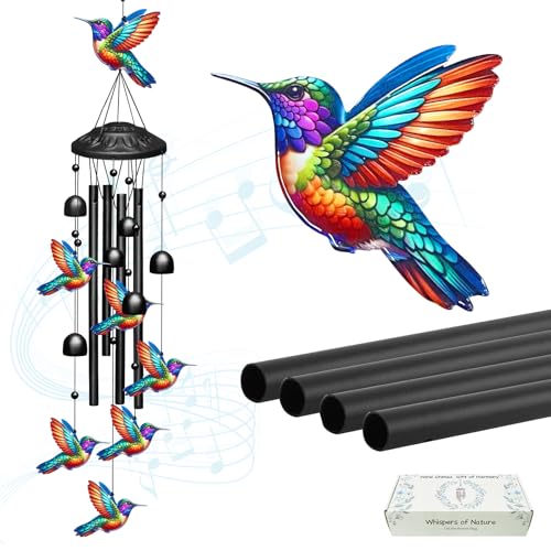 Hummingbird Wind Chimes for Outside,Soft Tone Black Metal Windchimes with Bells,Vivid Hummingbirds Decor for Garden Yard Patio,Memorial Sympathy Gifts for Women, Mom, Grandma,Bird Lovers in Gift Box - color: Multicolored
