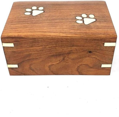 Handcrafted Indian Rosewood Pet Urn with Brass Paw Prints | Decorative Wooden Memorial Box for Dog & Cat Ashes (Medium-95 LB) - size: Medium