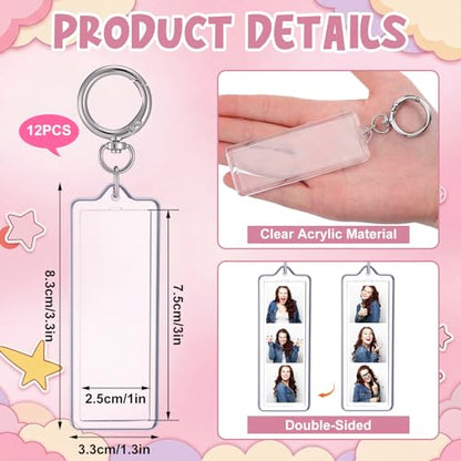 MTLEE 12 Pcs Mini Photo Strip Keychain Frame 1x3 Inch Acrylic Photo Booth Keychain Double Sided Keyring Blank DIY Custom Gift - style: Assorted Clasp
