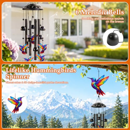 Aluminum Hummingbird Wind Chimes for Outside, Metal Garden Treasures Wind Chime with 4 Durable Tubes & 6 Bells, Unique Grandma Garden Gifts Box & Card Included, 35.4" (Colorful) - color: Colorful