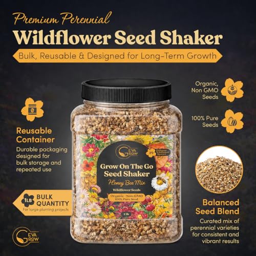 Bulk Wildflower Seed Mix – Honey Bee Wildflower Seed Mix 1 Pound Tub by GevaGrow | Bulk 300,000+ Seed Tub | 19 Variety Flower Seeds for Planting in Pots & Outdoor Gardens | No Messy Bags or Packets | - size: 1 Pound Tub, style: Honey Bee Mix