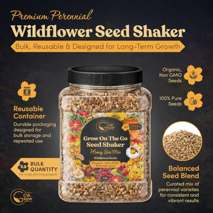 Bulk Wildflower Seed Mix – Honey Bee Wildflower Seed Mix 1 Pound Tub by GevaGrow | Bulk 300,000+ Seed Tub | 19 Variety Flower Seeds for Planting in Pots & Outdoor Gardens | No Messy Bags or Packets | - size: 1 Pound Tub, style: Honey Bee Mix