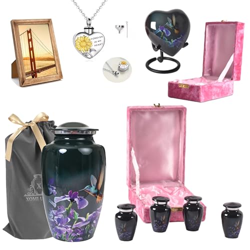 Cremation Urns for Human Ashes, Large Urn 200 Cu in, 4 Mini Keepsake Urn, Heart Urn with Stand, Heart Necklace for Ash, Wood Photo Frame, Memorial Set for Family (Hummingbird Green 18 Pcs) - color: Green, size: 200 Cu/In (18-Piece Kit)