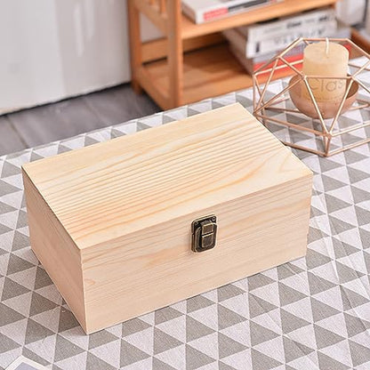 Large Wooden Box With Hinged Lid Wooden Memory Keepsake Case | 10.6x8x5.7 Inch Outer Unfinished Wood Craft Chest, Metal Locking Clasp Storage Desktop Organization Container