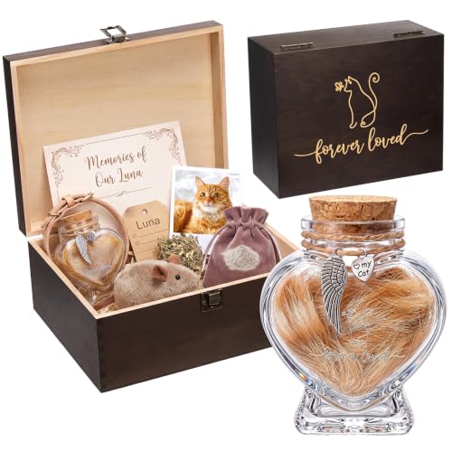 Pet Memorial Box Loss of Dog Cat Personalized Sympathy Gift Wooden Urn Ashes Box and Memorial Bottle for Pet Hair Memory Keepsake Fur Forever Loved Always in Heart Remembrance Gifts (Cat)