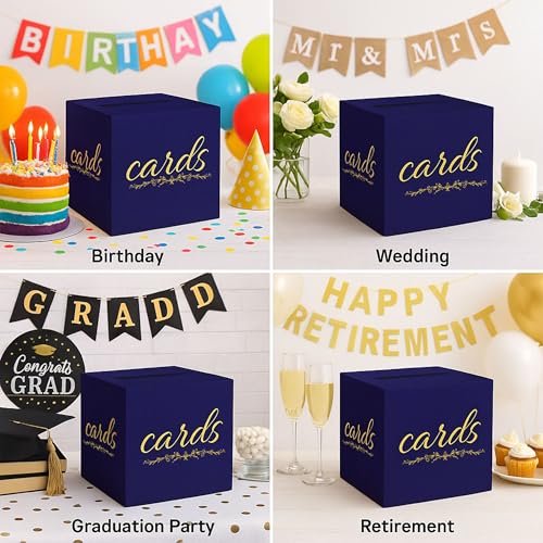 Navy Blue and Gold Card Box for Party Graduation Baby Bridal Shower Birthday Funeral 7.8 x 7.8 x 7.8 In Gift Card Holder Wedding Card Boxes for Reception Raffle Voting Ballot Box with Slot - color: BlueGoldF