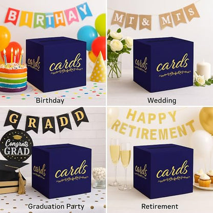 Navy Blue and Gold Card Box for Party Graduation Baby Bridal Shower Birthday Funeral 7.8 x 7.8 x 7.8 In Gift Card Holder Wedding Card Boxes for Reception Raffle Voting Ballot Box with Slot - color: BlueGoldF