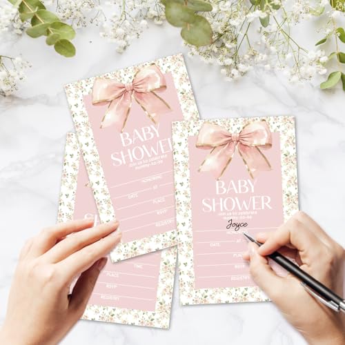 Floral Bow Baby Shower Invitations for Girls, Baby Announcement Invite Cards, 25 Set of Fill-in Baby Shower Invites with Envelopes, Gender Reveal Party Supplies -B01 - color: Floral Bow