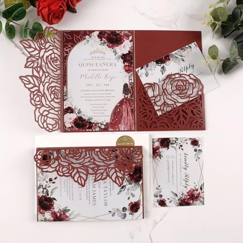 50pcs Tri Fold Wedding invitations Rose Hollow Laser Cut 5x7 '' Burgundy | Blank Wedding Invitation Cards with Envelopes and RSVP Card for Anniversary Engagement Bridal Shower Quinceanera Party Invite - color: Burgundy