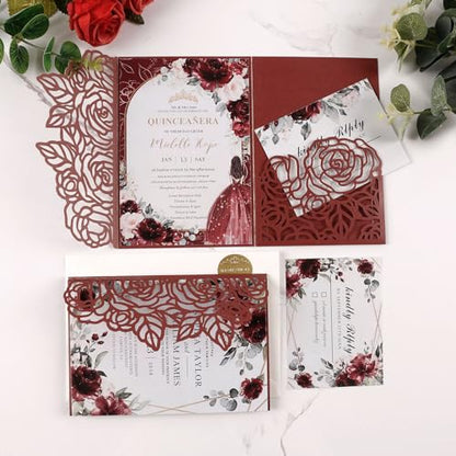 50pcs Tri Fold Wedding invitations Rose Hollow Laser Cut 5x7 '' Burgundy | Blank Wedding Invitation Cards with Envelopes and RSVP Card for Anniversary Engagement Bridal Shower Quinceanera Party Invite - color: Burgundy