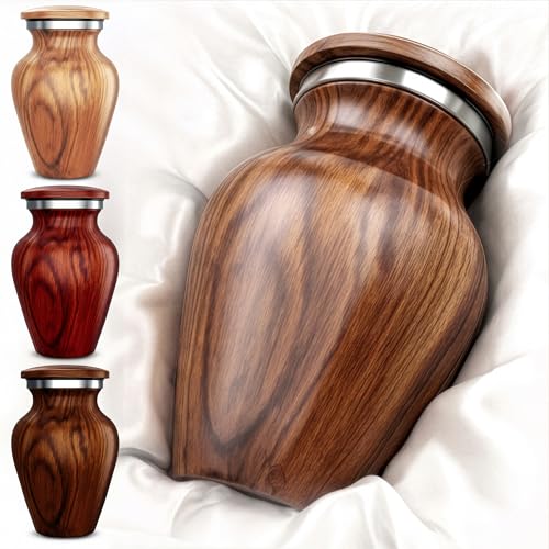Small Keepsake Urn for Human Ashes – Teak Wood Appearance Memorial – Handcrafted Mini Urn for Sharing – Recycled Cast Aluminum – Secure Lid - Velvet Bag & Funnel – Decorative Container - color: 1 Teak