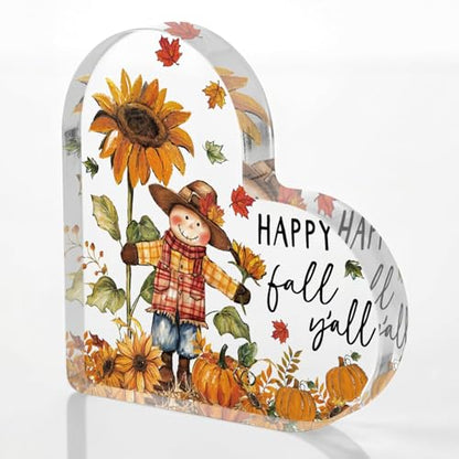Smile Fall Thanksgiving Acrylic Tabletop Plaque, Happy Fall Y'all Scarecrow Sunflower Pumpkin Maple Leaf Themed Rustic Farmhouse Tiered Tray Sign for Home Kitchen Decor - style: Fall