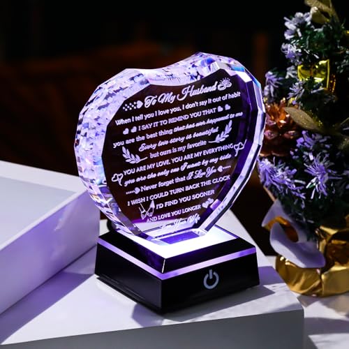 Arikyrist Gifts for Husband from Wife with Colorful LED Base Anniversary Romantic Gifts for Husband Birthday Crystal Keepsake to My Husband I Love You Gifts on Valentine Fathers Day Christmas - style: Husband Gifts + Light Base