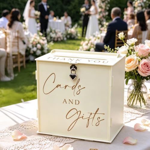 Acrylic Card Box with Lock & Slot, Warmy Cream Money Gift Card Box for Wedding Reception, Cash Envelope Box Ideal for Graduation Bridal Baby Shower Quinceanera & Baptism Party Supplies - color: Cream White