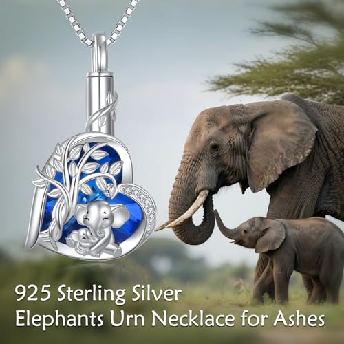 925 Sterling Silver Urn Necklace for Ashes, Teardrop/Tree of Life/Sunflower/Dragonfly/Sea Turtle/Celtic Knot/Elephant/Hummingbird Memorial Cremation Pendant Necklaces for Animal Human Ashes - color: K1: Elephant (Blue Crystal
