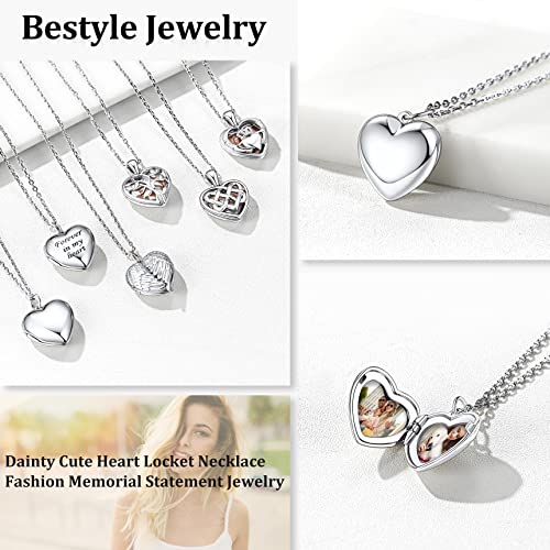 Bestyle Sterling Silver Heart Locket Necklace for Women, Dainty Cute Small Heart Locket Pendant in Gold/Rose Gold/Silver, Love Statement Jewelry Gift for Mother Wife - color: A0. Plain Bold Heart-Silver-Locket Only, NO Custom