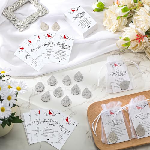 Ctosree 100 Set Funeral Gifts Celebration of Life Decorations Idea Mini Tear Shaped Memorial Ornament Pocket Token Cardinal Funeral Prayer Cards and Organza Bags Favors for Guests
