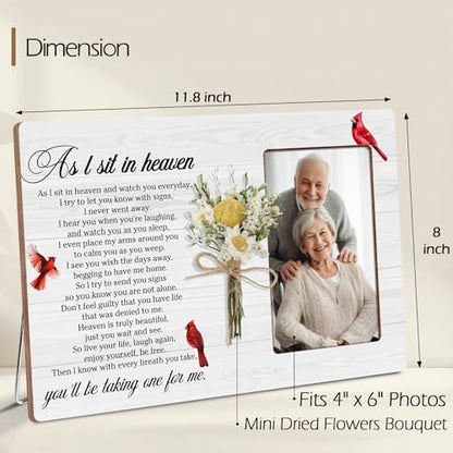 Memorial Bereavement Floral Wooden Picture Frame Gifts for Loss of Loved One, As I Sit In Heaven Cardinal Gifts, Fits 4x6 Photo Frame - color: White-heaven