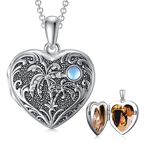 SOULMEET Personalized Tree of Life/Palm Tree Heart Locket Sterling Silver Necklace That Holds 1 or 2 Pictures Memorial Vintage Photo Locket Custom Any Photo Healing Gift - style: C2-Palm tree locket+photo