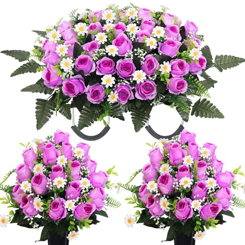 Wocst 3Sets Cemetery Decorations for Grave Large Headstone Flower Saddle Grave Silk Flowers with Vases for Outdoor Grave Decoration(Purple) - color: Purple, size: 2 Bouquet and 1 Saddle