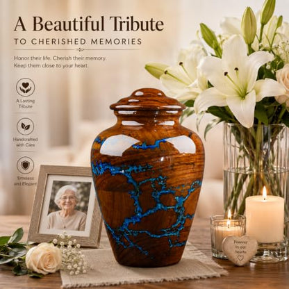 Handcrafted Rosewood Cremation Urn for Human Ashes – 50 Cubic Inches Funeral Memorial Urn for Adult Women & Men, Elegant Wooden Memorial Ashes Urn with Blue Resin Inlay, Funeral Urn for Loved Ones - size: STANDARD 50 Cu inch