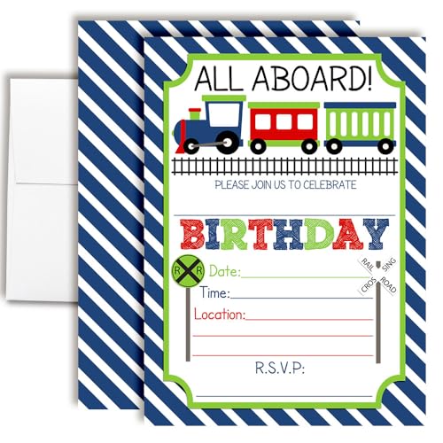 Train Birthday Party Invitations for Boys, 20 5x7 Fill In Cards with Twenty White Envelopes by AmandaCreation - style: Train